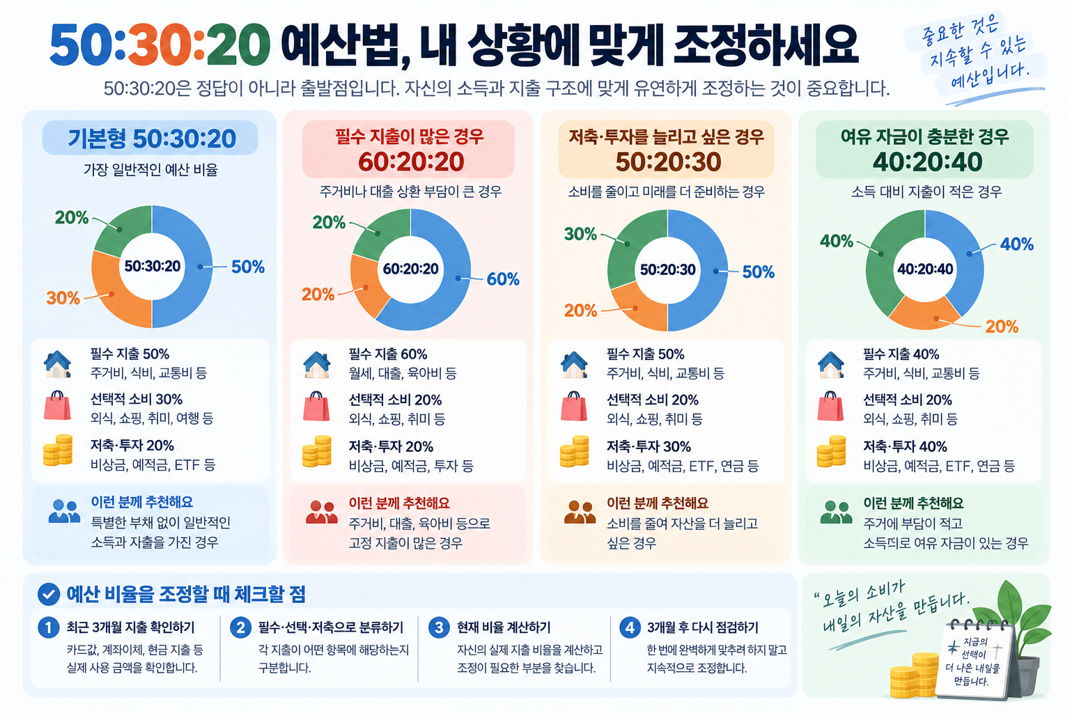 50:30:20 예산법을 기본형 50:30:20, 필수 지출이 많은 경우 60:20:20, 저축·투자를 늘리는 경우 50:20:30, 여유자금이 충분한 경우 40:20:40으로 조정하는 방법을 비교한 인포그래픽