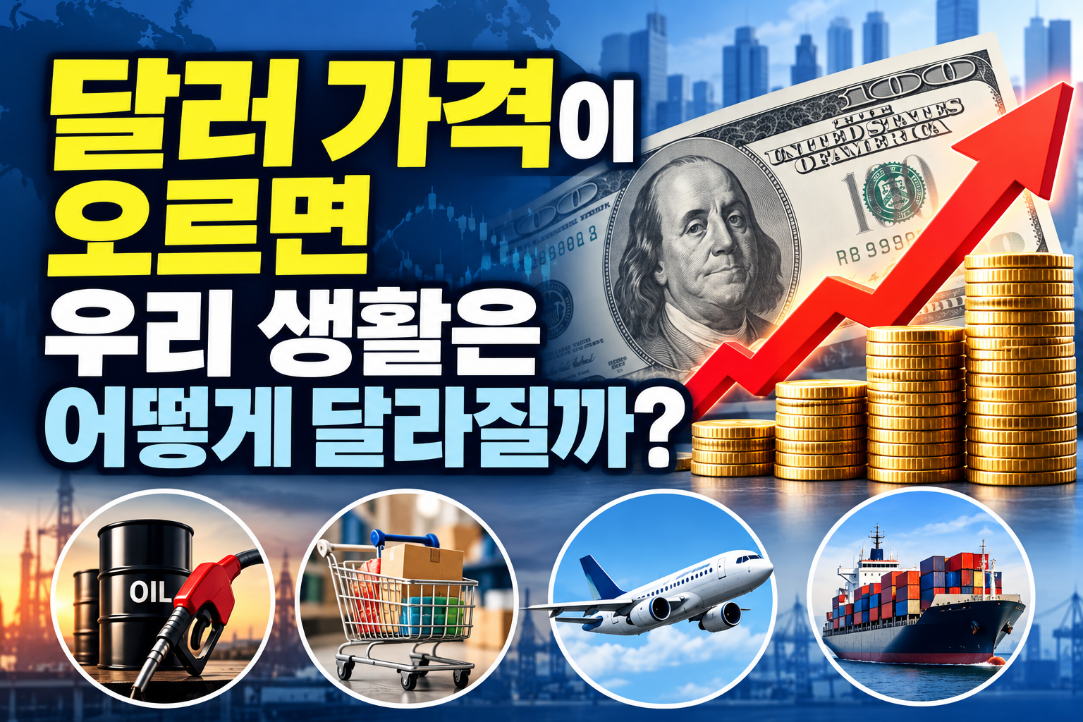 달러 가격 상승과 원달러 환율 상승이 물가, 기름값, 해외여행과 수입품 가격에 미치는 영향을 보여주는 썸네일