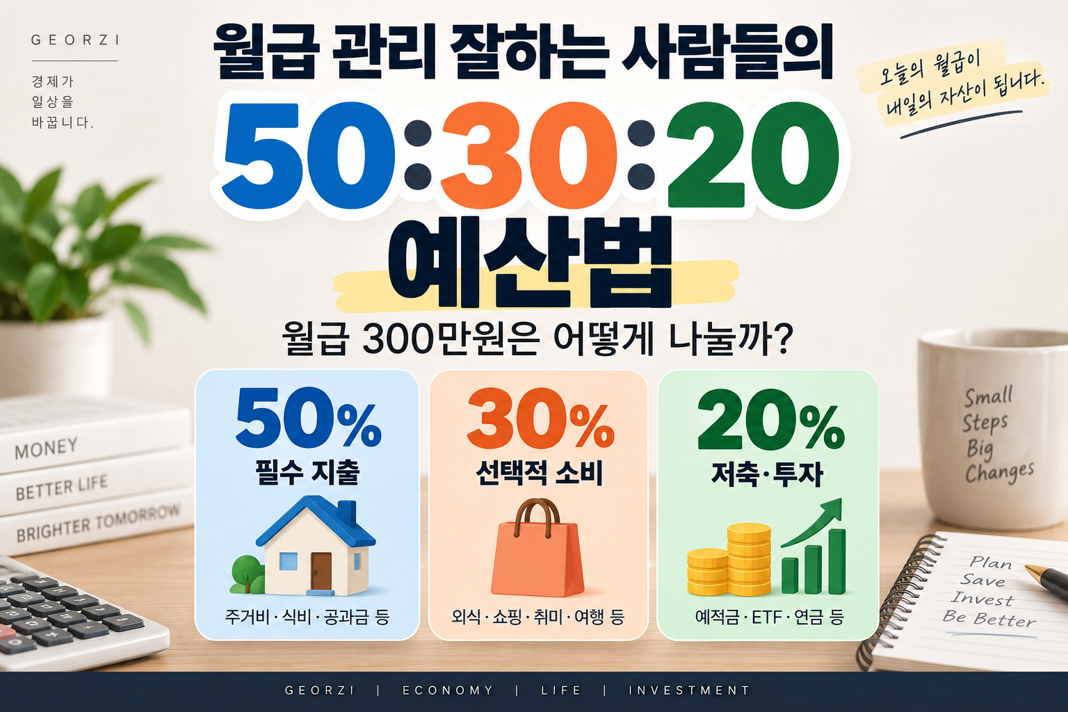 월급 300만원을 필수 지출 50%, 선택적 소비 30%, 저축·투자 20%로 나누는 50:30:20 예산법을 보여주는 경제 블로그 썸네일