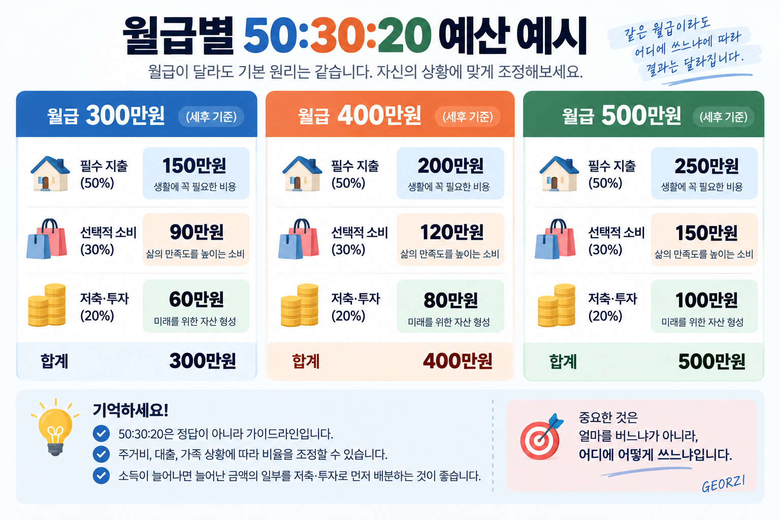 세후 월급 300만원·400만원·500만원을 기준으로 필수 지출 50%, 선택적 소비 30%, 저축·투자 20%를 실제 금액으로 계산한 50:30:20 예산법 인포그래픽