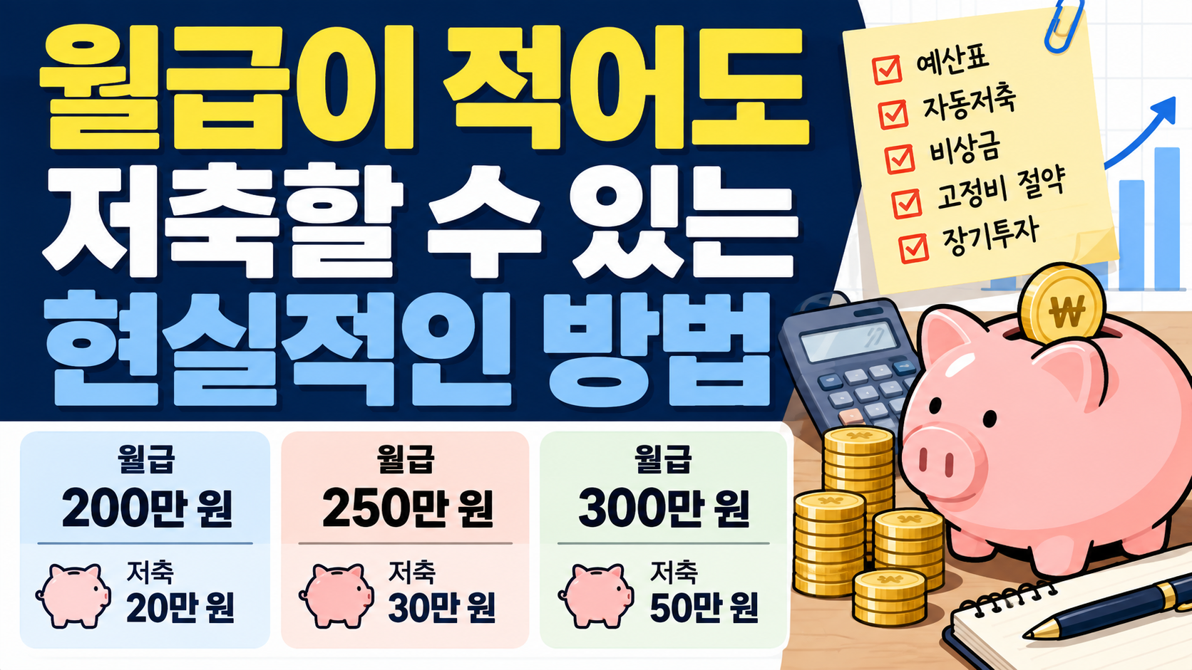 월급 200만원·250만원·300만원별 저축 예시와 예산표, 자동저축, 비상금, 고정비 절약 방법을 보여주는 월급 저축 방법 썸네일