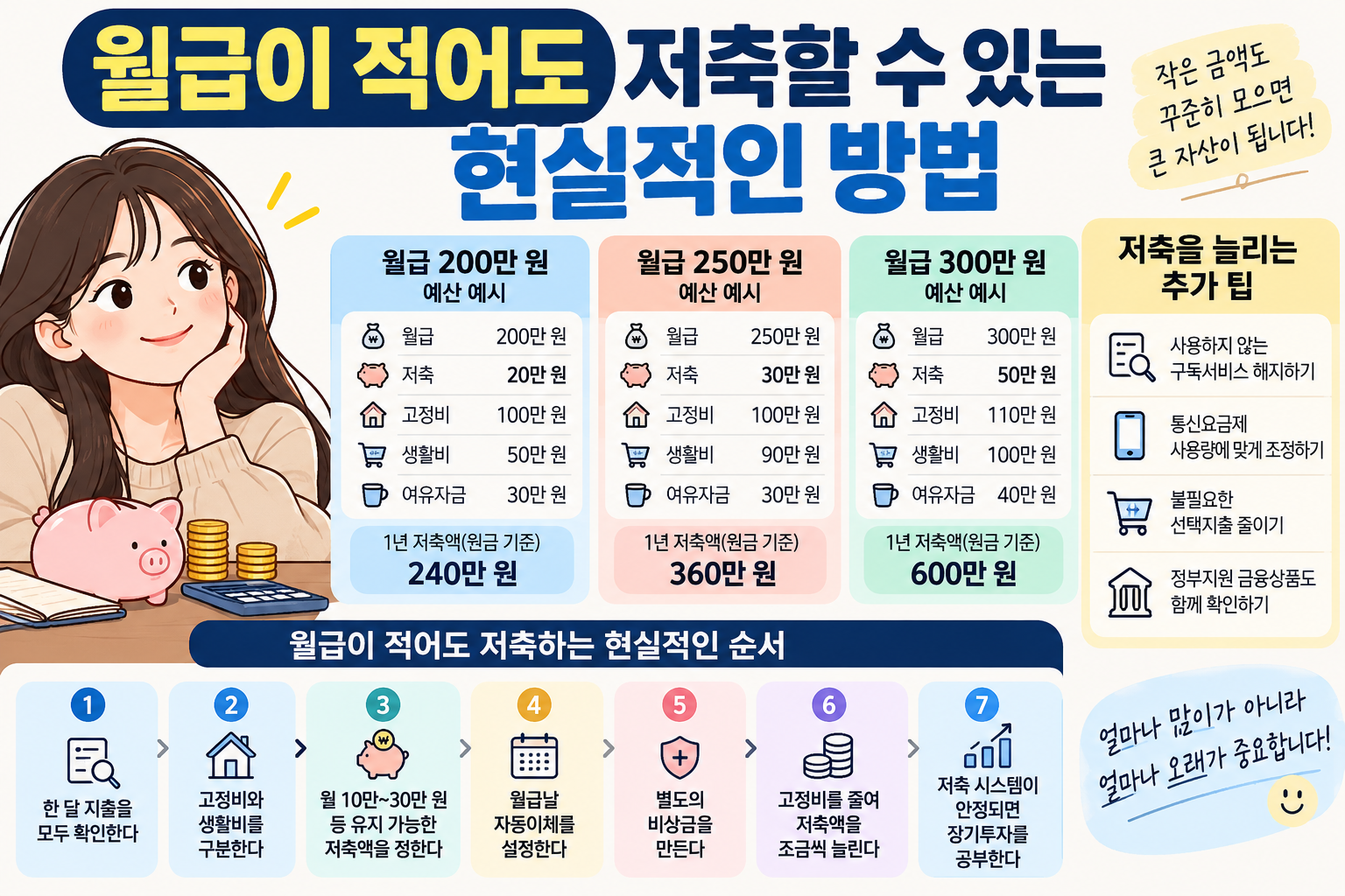 월급 200만원, 250만원, 300만원별 저축 예산과 현실적인 저축 순서를 정리한 인포그래픽