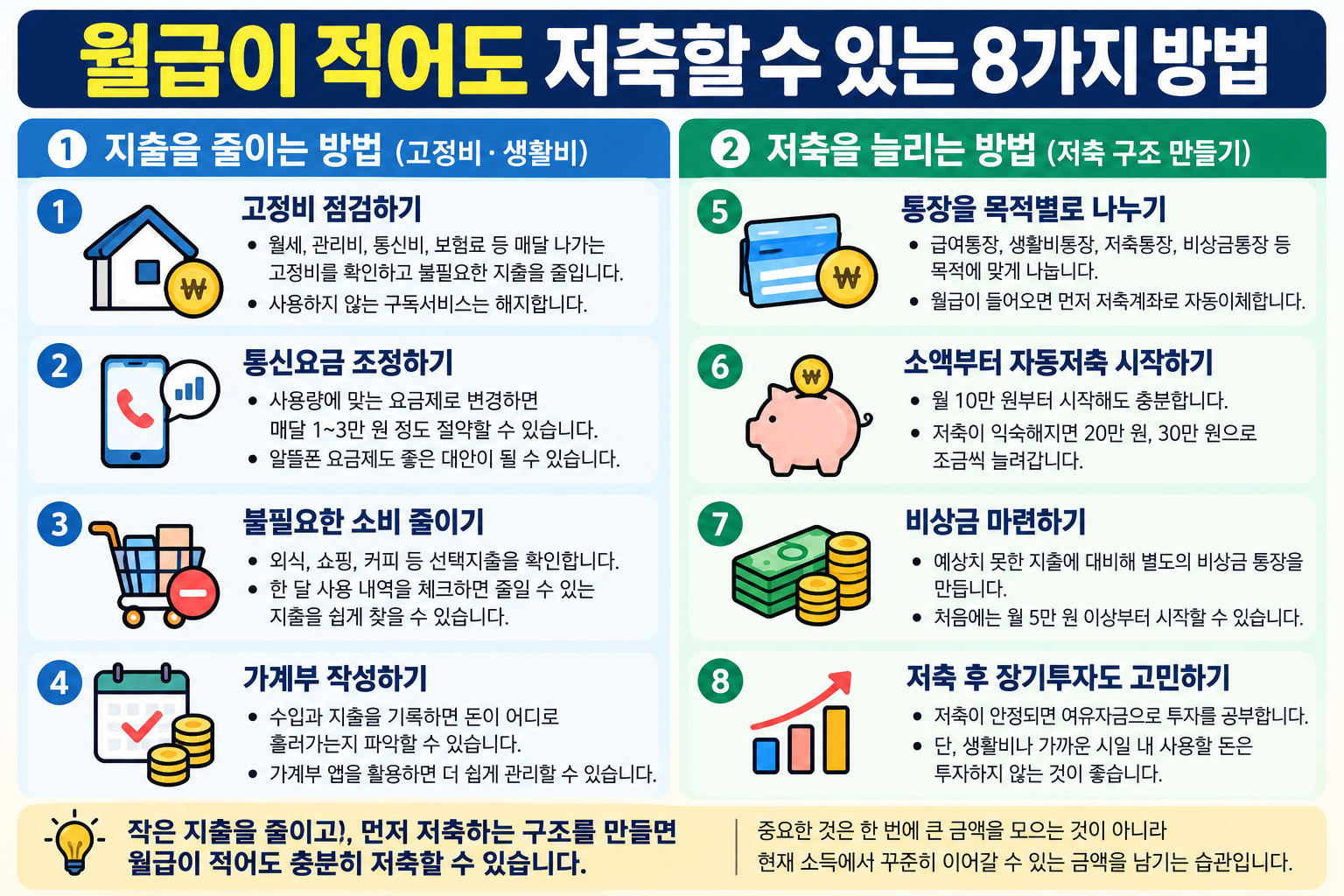 월급이 적어도 저축할 수 있도록 고정비 절약, 통신비 조정, 소비 줄이기, 가계부, 자동저축, 비상금 마련, 장기투자 등 8가지 방법을 정리한 인포그래픽