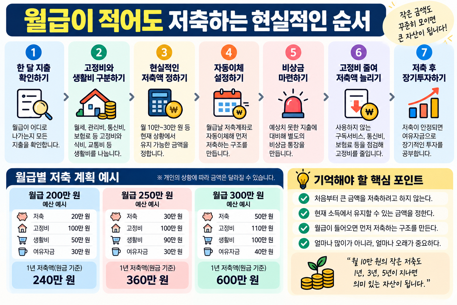 월급이 적을 때 지출 확인, 고정비 구분, 저축액 설정, 자동이체, 비상금 마련, 고정비 절감, 장기투자로 이어지는 7단계 저축 순서를 보여주는 인포그래픽