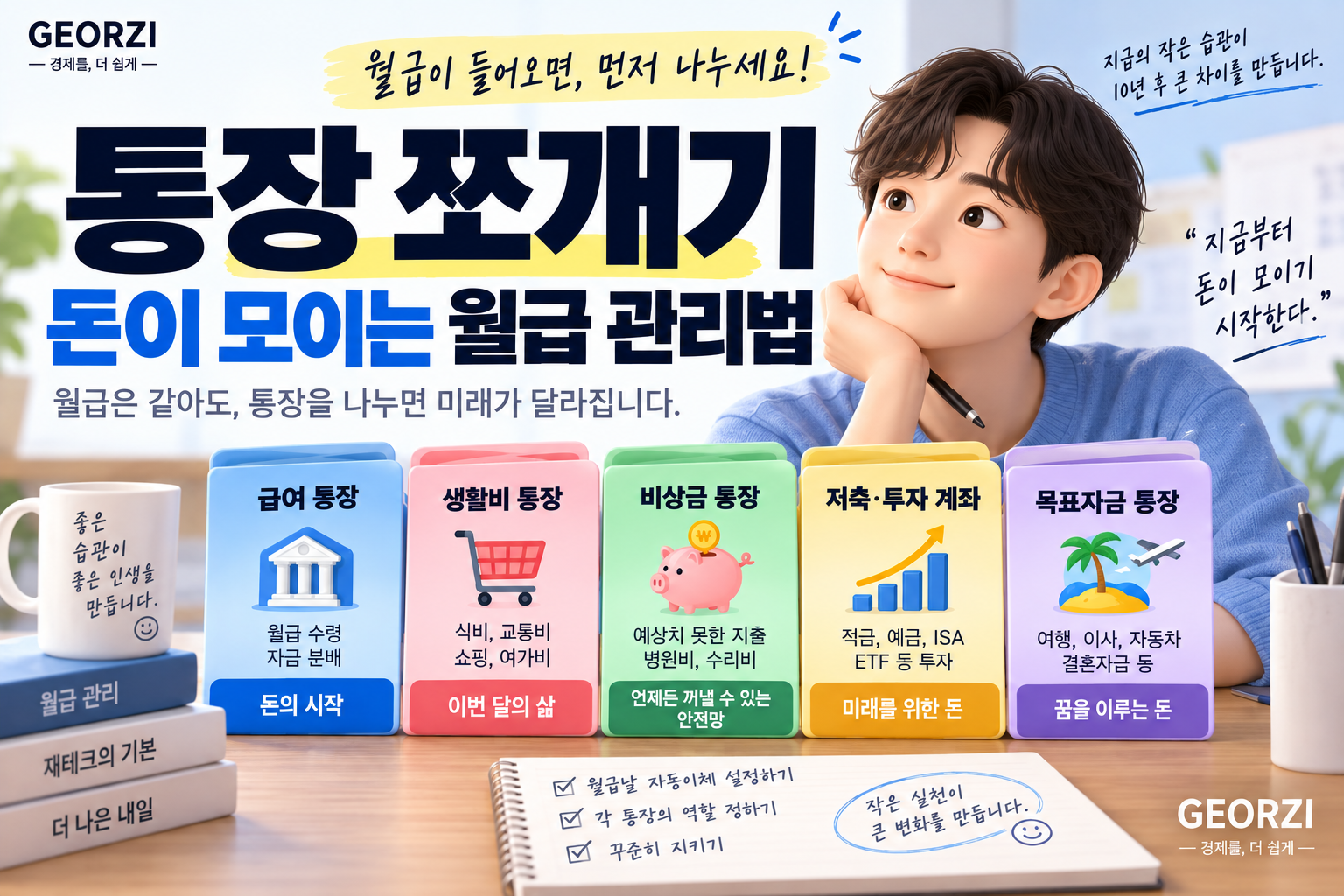 급여 통장, 생활비 통장, 비상금 통장, 저축·투자 계좌, 목표자금 통장으로 돈을 나누어 관리하는 통장 쪼개기 월급 관리법을 보여주는 경제 블로그 썸네일
