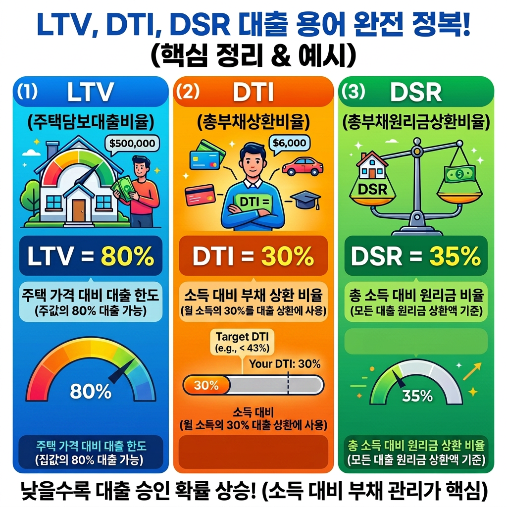 Three sections explaining LTV, DTI, and DSR loan ratios with definitions, formulas, and examples
