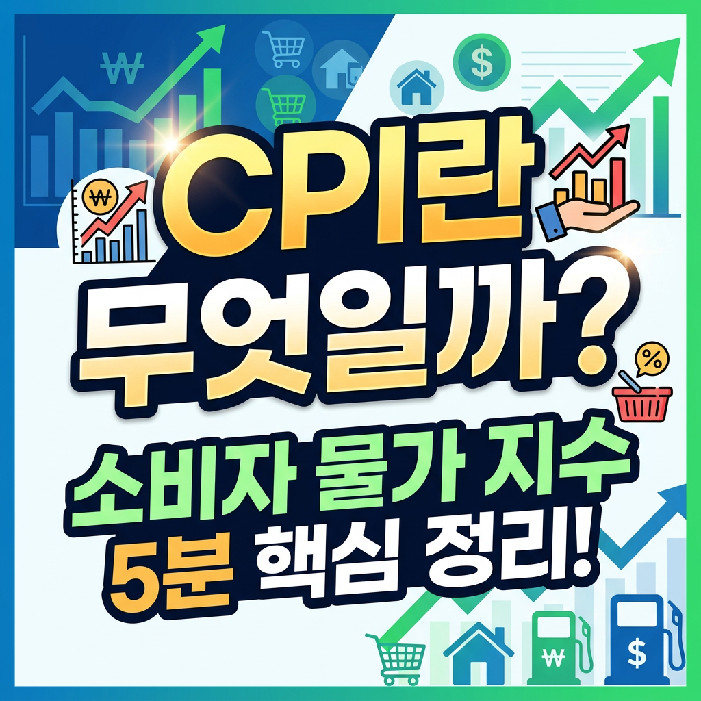 Text in Korean about Consumer Price Index with financial icons and graphs.