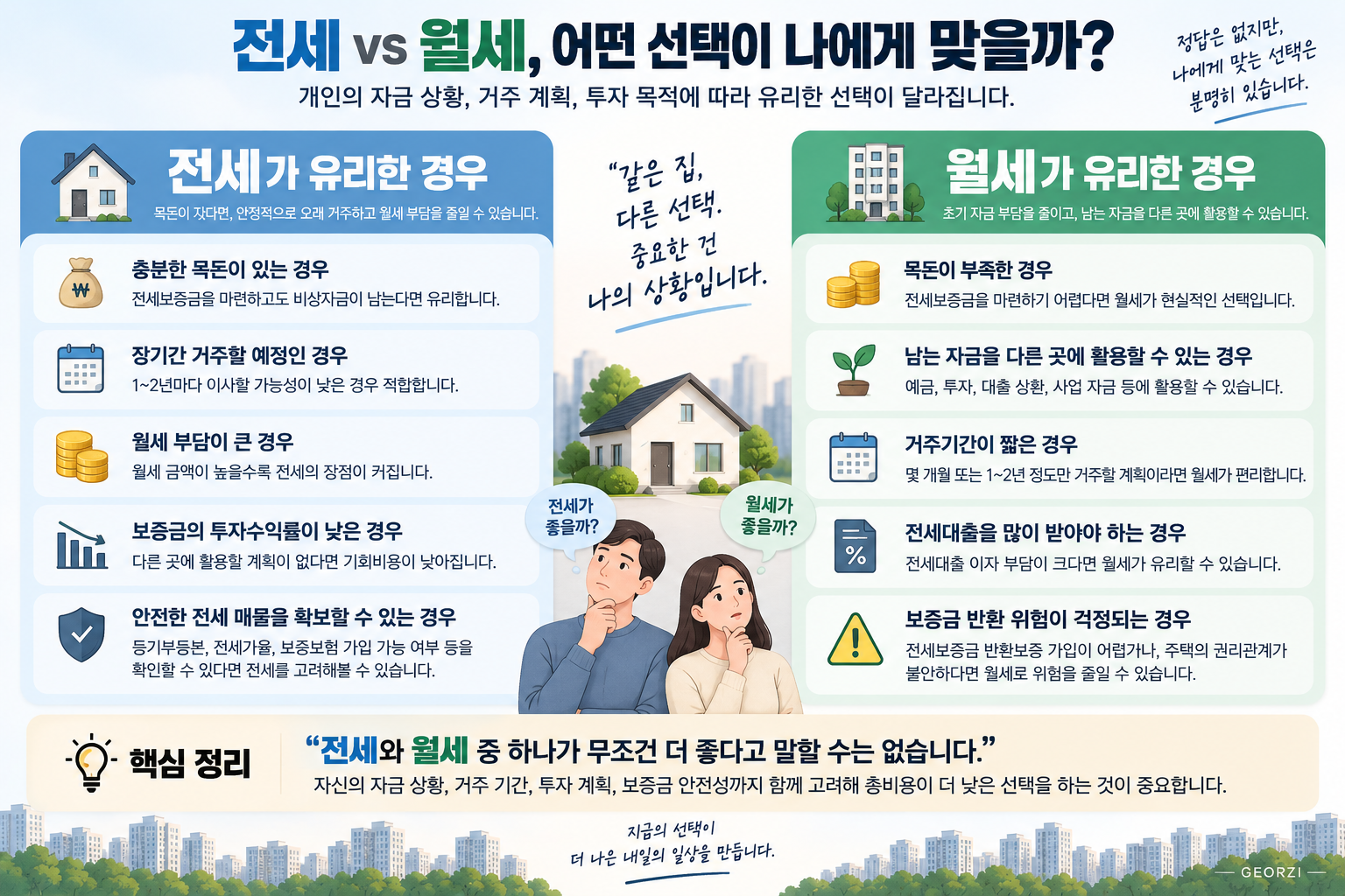 전세와 월세 중 어떤 선택이 유리한지 자금 상황과 거주 기간, 대출 이자, 보증금 안전성을 기준으로 비교한 인포그래픽