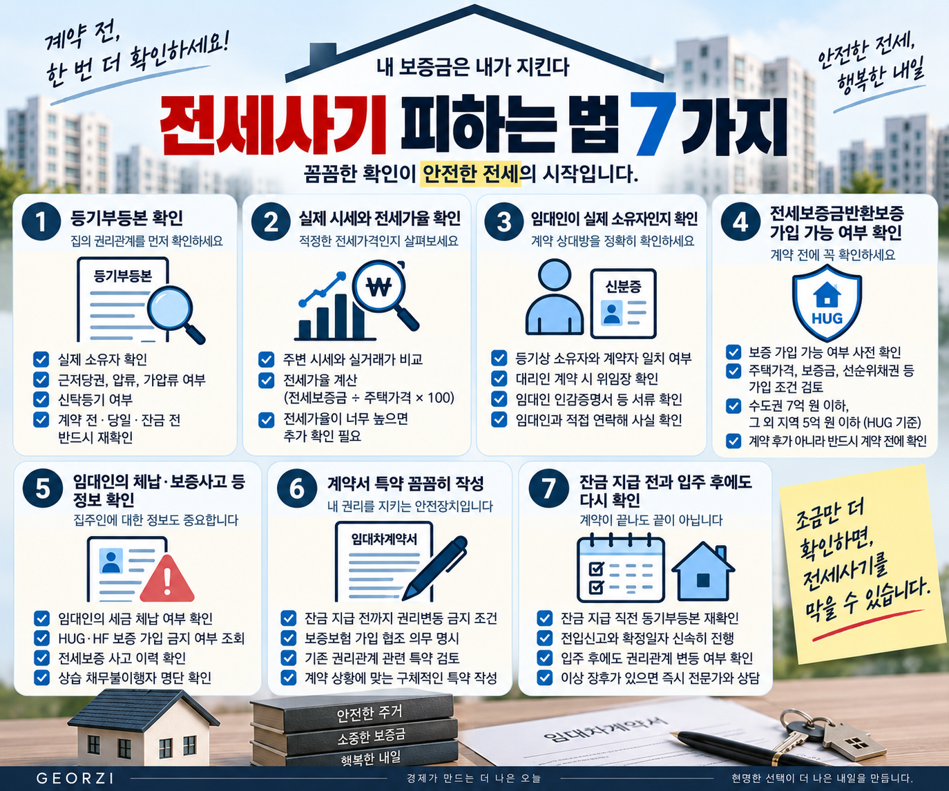 전세사기 예방을 위해 계약 전에 확인해야 할 등기부등본, 전세가율, 임대인 정보, 전세보증금반환보증, 특약 등 7가지 체크사항을 정리한 인포그래픽