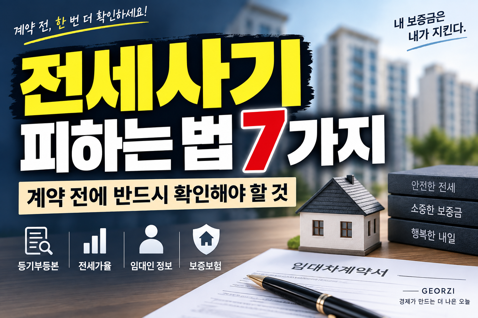 전세사기 피하는 법 7가지와 계약 전 확인해야 할 등기부등본, 전세가율, 임대인 정보, 보증보험을 보여주는 블로그 썸네일