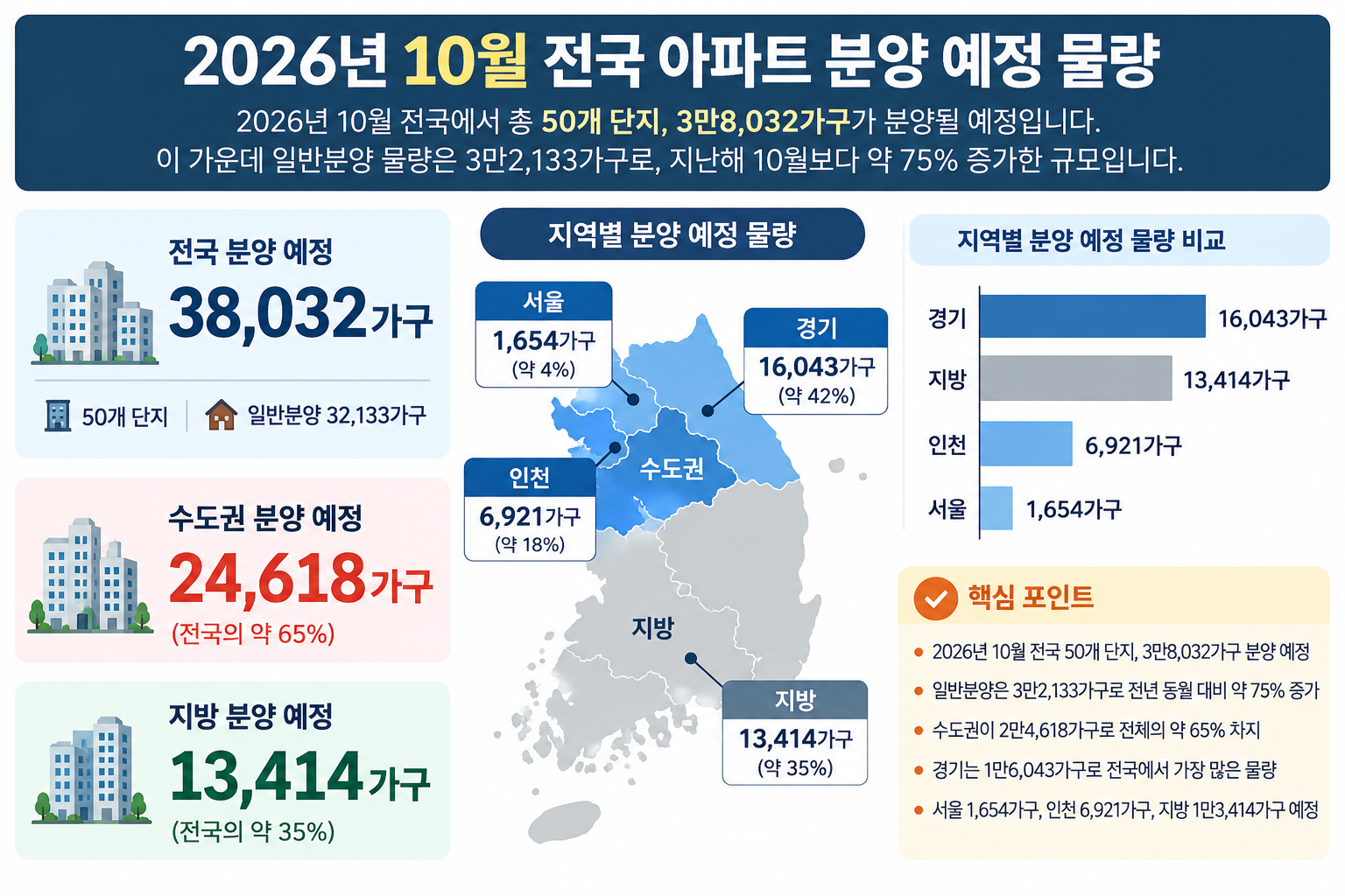 2026년 10월 전국 아파트 분양 예정 물량 3만8,032가구와 수도권 2만4,618가구의 지역별 분양 예정 물량을 보여주는 인포그래픽