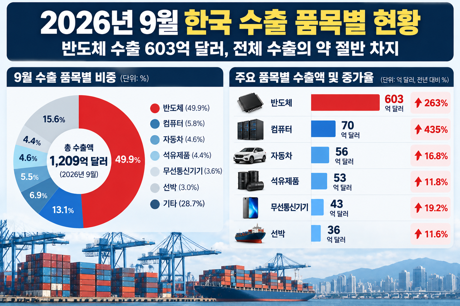 2026년 9월 한국 수출 품목별 현황과 반도체 수출 603억 달러, 전체 수출의 49.9% 비중 및 주요 품목별 수출 증가율을 보여주는 인포그래