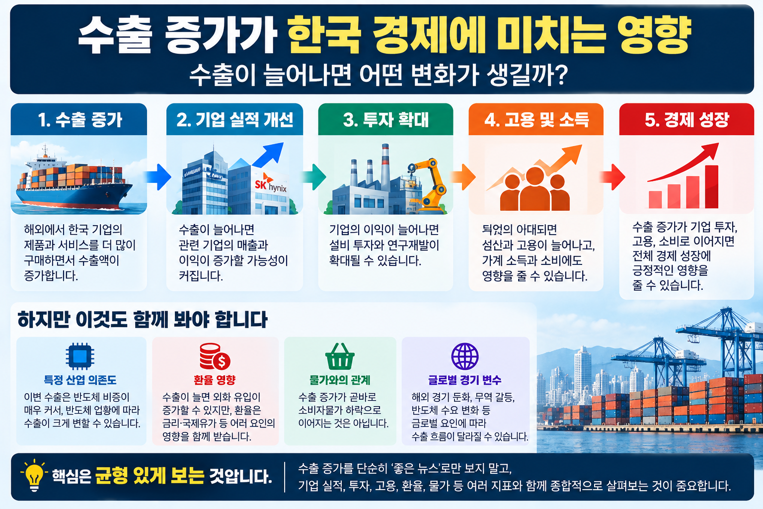 수출 증가가 기업 실적 개선, 투자 확대, 고용과 소득 증가, 경제성장으로 이어지는 과정을 보여주고 환율, 물가, 반도체 의존도와 글로벌 경기 등 함께 확인해야 할 요인을 정리한 인포그래픽
